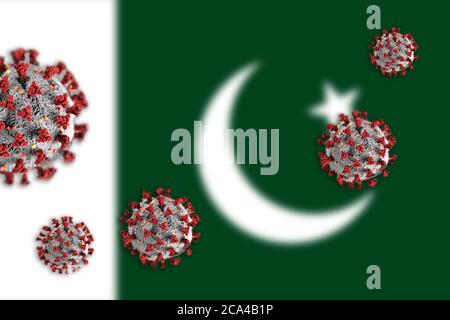 Concept de coronavirus ou de particules Covid-19 qui éclipsent le drapeau flou du Pakistan en arrière-plan. Banque D'Images