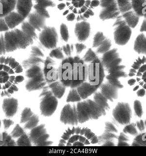 Motif sans couture shibori teint par nouage. Aquarelle éléments de cercle noirs peints à la main sur fond blanc. Texture abstraite aquarelle. Imprimer pour t Banque D'Images
