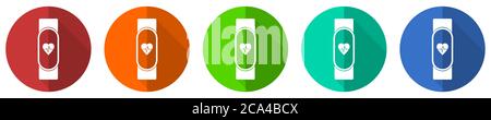Jeu d'icônes Smart band, montre intelligente, fitness, boutons Web à design plat rouge, bleu, vert et orange isolés sur fond blanc, illustration vectorielle Illustration de Vecteur