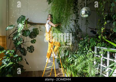 Joyeuse jeune femme jardinier dans des combinaisons d'orange debout sur un escabeau, embrassant la luxuriante asperge fougère maison dans son magasin de fleurs.verdure à la maison Banque D'Images