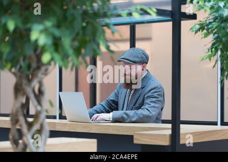 Portrait d'un boxeur à barbe brutale portant un blazer en laine, casquette travaillant sur un ordinateur portable assis dans un café/restaurant. Travail à distance, travail à distance. Banque D'Images