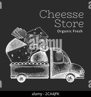 Modèle de logo de livraison de fromage. Chariot vectoriel dessiné à la main avec illustration du fromage sur le tableau à craie. Design culinaire rétro de style gravé. Illustration de Vecteur