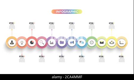 Modèle Timeline Infographie colorée horizontale numérotée pour 12 options. Modèle de bannière de présentation, présentation de flux de travail, diagramme de processus, flux Illustration de Vecteur