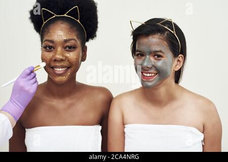 L'esthéticienne applique un masque facial à l'une des deux femmes. Le concept de l'amitié, de la beauté, des soins personnels et des cosmétiques. Banque D'Images