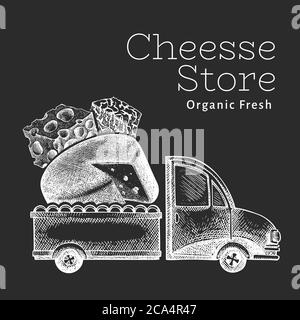 Modèle de logo de livraison de fromage. Chariot vectoriel dessiné à la main avec illustration du fromage sur le tableau à craie. Design culinaire rétro de style gravé. Illustration de Vecteur