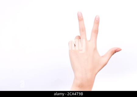 les symboles des mains concept isolé trois doigts saluent la félicitations sur fond blanc Banque D'Images