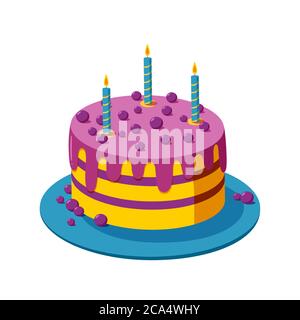 Gâteau d'anniversaire avec bougies et baies sur une assiette bleu vif. Gâteau à la crème pour une fête ou une fête. Illustration vectorielle plate isolée en blanc Illustration de Vecteur