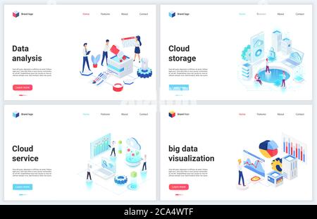 Technologie numérique isométrique des illustrations vectorielles d'analyse de Big Data. Conception de sites Web mobiles en 3d de cartoon, ensemble de bandeaux de concept pour les services de stockage dans le cloud de base de données, analyse et stockage des informations techniques Illustration de Vecteur