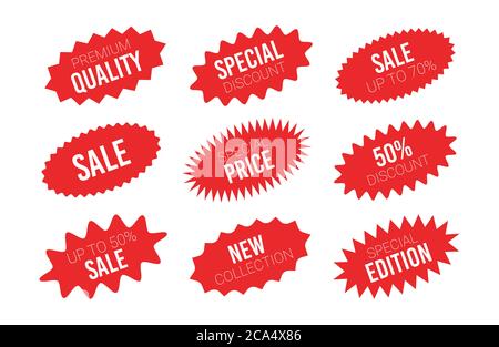 Ensemble d'autocollants Red sale Starburst – collage d'étiquettes ovales et de badges avec les meilleures offres et les affiches de rabais. Illustration de Vecteur