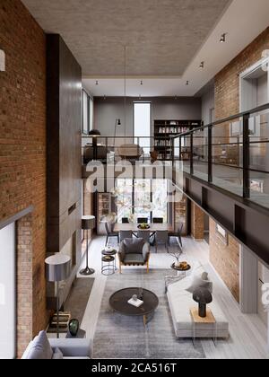 Décoration loft moderne conçue comme un appartement décloisonné moderne. Espace ouvert comprenant cuisine, salle à manger, salon, rambarde en verre, sur la mezzanine. Banque D'Images