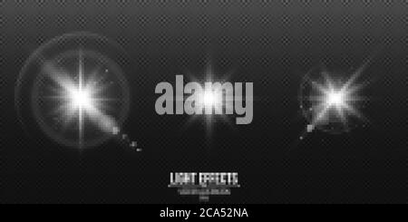 Ensemble d'étoiles brillantes. Effets de lumière isolés sur un arrière-plan noir transparent. Reflets blancs et reflets. Effet d'objectif. Des lumières abstraites bokeh et brillantes Illustration de Vecteur