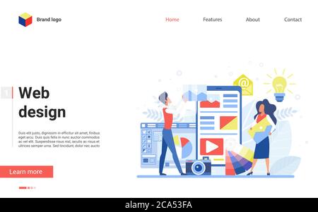 Illustration vectorielle de la technologie de conception Web. Dessin animé plat de création de site Web avec des créateurs de créer du contenu numérique pour l'application mobile, travailler, construire le projet moderne d'application d'interface de page Web Illustration de Vecteur