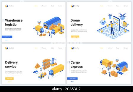 Illustrations vectorielles du service technique logistique d'entrepôt. Conception d'interface de site Web de diffusion de dessin animé 3d, ensemble de bannières mobiles pour la technologie d'entreposage, livraison express de l'innovation, transport de fret Illustration de Vecteur