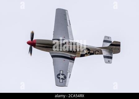 Imperial War Museum Duxford, Cambridgeshire, Royaume-Uni. 4 août 2020. Après une longue période de fermeture due à l'enfermement du coronavirus COVID-19, le musée a rouvert ses portes aux visiteurs le 1er août. Aujourd'hui, le musée a tenu son premier événement d'exposition aérienne, intitulé a Showcase Day. Il s'agissait d'un événement réservé à l'avance avec une limite de visiteurs considérablement réduite, et le public en visite devait se conformer à des directives strictes lors de l'entrée dans les expositions intérieures. L'exposition de vol comprenait Mustang P-51 de la Seconde Guerre mondiale Banque D'Images