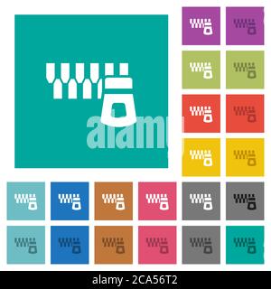 Fermeture éclair horizontale multi-couleurs icônes plates sur fond carré Uni. Inclut des variantes d'icône blanche et foncée pour les effets de survol ou actifs. Illustration de Vecteur