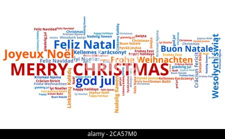 Traduction de vœux de Joyeux Noël. Les voeux internationaux de Noël sont en plusieurs langues, dont l'anglais, le français, le portugais, le polonais et l'espagnol. Banque D'Images