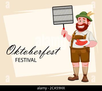 Carte de vœux Oktoberfest. Homme en vêtements bavarois tenant grille barbecue et saucisse frite, personnage de dessin animé drôle. Festival de la bière de Munich Oktoberfest. Illustration de Vecteur