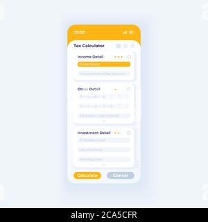 Modèle de vecteur d'interface pour smartphone de l'application de calcul des taxes. Mise en page de conception de la page d'application mobile en mode jour. Informations sur le revenu et le placement à l'écran. Interface utilisateur plate pour Illustration de Vecteur