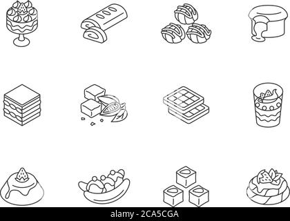 Desserts de renommée mondiale, icônes linéaires. Bonbons traditionnels. Délice turc. Gâteau de lave au chocolat. Brownies. Tiramisu. Contours de ligne mince s personnalisables Illustration de Vecteur