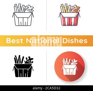 Icône Fish and Chips. Restauration rapide britannique. Repas anglais à emporter. Déjeuner européen. Livraison du dîner. La malbouffe australienne. Noir linéaire et styl. Couleur RVB Illustration de Vecteur