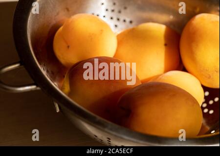 Abricots mûrs juteux dans une passoire en métal sur une table en bois clair au soleil. Gros plan Banque D'Images