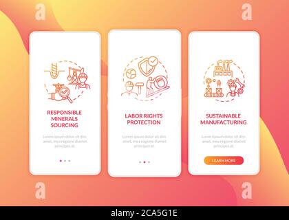 Travail en toute sécurité sur l'écran de la page d'application mobile d'intégration en usine avec des concepts. Instructions graphiques en 5 étapes de la visite de fabrication éthique. Modèle de vecteur d'interface utilisateur Illustration de Vecteur