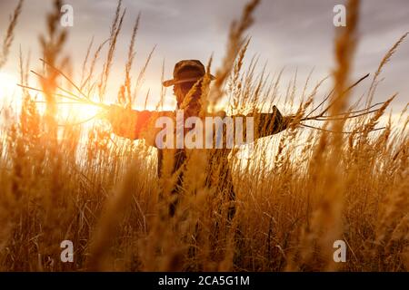 Un épouvantail dans un manteau sombre et un chapeau sale se tient seul dans un champ d'automne à l'heure du coucher du soleil. Concept Halloween Banque D'Images