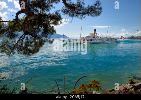 Suisse, canton de Vaud, Montreux, sur les rives du lac Léman (Lac Léman), la roue à aubes du bateau à vapeur Montreux (1904) de la Compagnie G?n?rale de navigation sur le Lac L?man (CGN) Banque D'Images