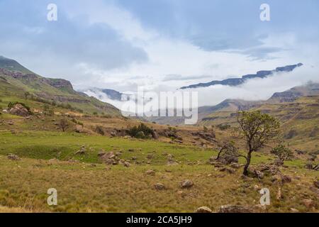 Au-dessus des nuages sur Sani Pass du Lesotho à l'Afrique du Sud, Banque D'Images