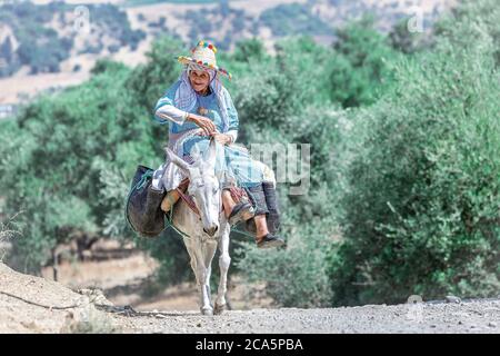 Maroc, Meknes, vieille femme sur un âne à la campagne Banque D'Images