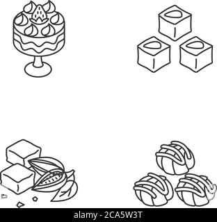 Jeux d'icônes linéaires de bonbons traditionnels. Profiteroles. Brownies classiques. Délice turc. Trifle avec fraises. Symboles de contour de ligne mince personnalisables Illustration de Vecteur