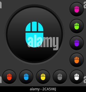 Trois boutons-poussoirs de souris d'ordinateur à boutons foncés avec icônes de couleur vive sur fond gris foncé Illustration de Vecteur