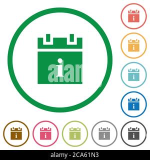 Les icônes de couleur plate des informations sur les horaires sont représentées par des contours ronds sur fond blanc Illustration de Vecteur