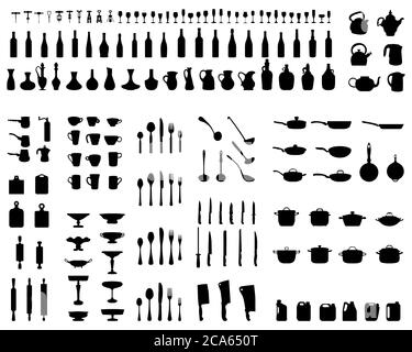 Silhouettes noires des ustensiles de cuisine sur un fond blanc Banque D'Images