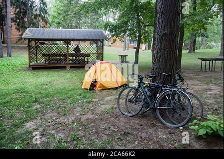 Les touristes cyclistes camping, deux vélos et un touriste jaune tente, Nesterovsky Marinovo village, district, région de Kaliningrad, Russie, le 1 août, 2019 Banque D'Images