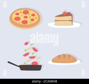 nourriture cuisine tranche gâteau pizza pain légumes dans une casserole icônes illustration vectorielle Illustration de Vecteur