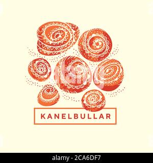 Rouleaux de cannelle de style folklorique pour carte, en-tête, invitation, affiche, médias sociaux, post-publication. Illustration d'un vecteur de jour de boulangerie BUN Kanelbullar. Vintag Illustration de Vecteur