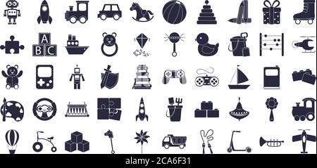 objet de jouets de dessin animé pour les petits enfants à jouer, icônes de style de silhouette définir l'illustration vectorielle Illustration de Vecteur