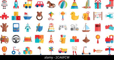 objet de jouets de dessin animé pour les petits enfants à jouer, icônes de style plat définir l'illustration vectorielle Illustration de Vecteur