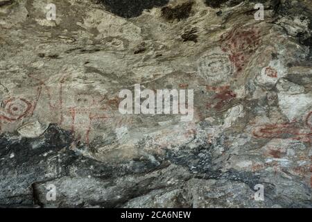 Peintures d'art rupestre de 5,000 ans dans les grottes de Mitla, site classé au patrimoine mondial de l'UNESCO des grottes préhistoriques de Yagul et Mitla dans le C Banque D'Images