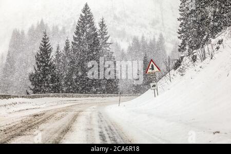 Conduite dans une tempête de neige ou un blizzard sur une route forestière, vue de la voiture derrière. La neige sur le sol rend tout glissant - conditions de conduite dangereuses Banque D'Images