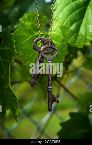 Anciennes clés à squelette accrochées à la chaîne métallique contre la surface en bois vieilli Banque D'Images