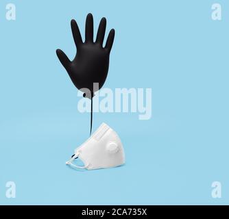 Gants médicaux et masque de protection sur fond bleu. Respirateur FFP2. Concept de protection et de prévention contre les virus. Coronavirus, covid-19. Banque D'Images