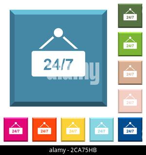 table suspendue avec des icônes blanches 24 h/24, 7 jours par semaine sur des boutons carrés bordés dans différentes couleurs tendance Illustration de Vecteur