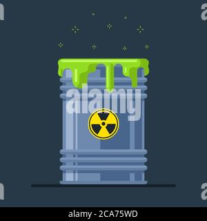 Un baril de déchets nucléaires endommagé émet des radiations. Catastrophes écologiques. illustration vectorielle plate Illustration de Vecteur