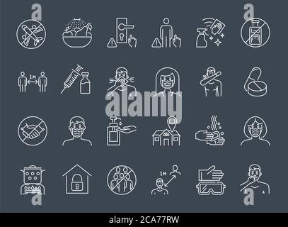 Icônes de vecteur de ligne mince de prévention des coronavirus. Illustration de Vecteur