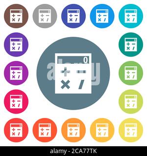 Calculatrice de poche icônes blanches plates sur fond rond. 17 couleurs d'arrière-plan sont incluses. Illustration de Vecteur