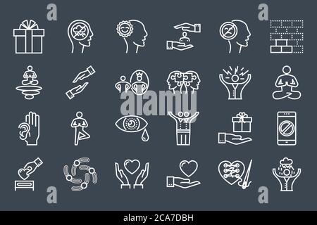Ensemble d'icônes liées aux lignes fines et aux relations entre amis et vie consciente Illustration de Vecteur