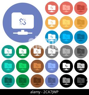 La connexion FTP a perdu des icônes plates multicolores sur des arrière-plans ronds. Inclut des variantes d'icônes blanches, claires et sombres pour les effets de survol et d'état actif, Illustration de Vecteur
