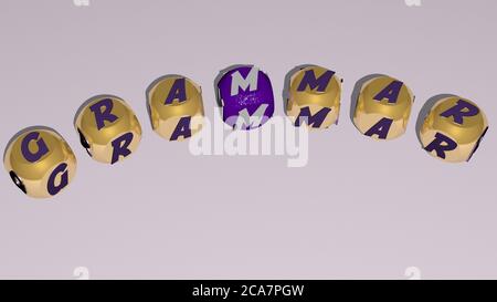 Grammaire combinée par des lettres de dés et la couleur de croisement pour les significations connexes du concept. Éducation et anglais. Illustration 3D Banque D'Images